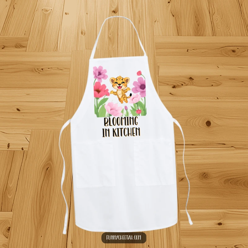 Funny apron showcasing a cheetah cub with a delighted grin leaping through oversized flowers, designed for joyful cooking and a touch of nature.