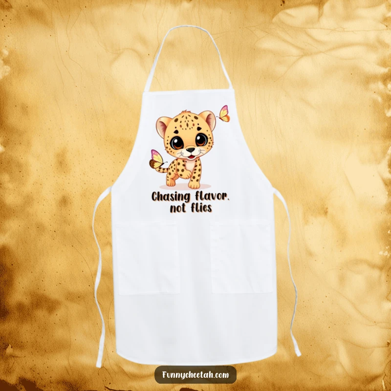 Funny apron showcasing a delightedly focused cheetah cub chasing a fluttering butterfly, designed for joyful meal preparation and kitchen fun.