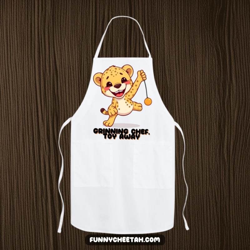 Funny Cheetah Apron featuring an excited cheetah with a big grin leaping towards a toy, adding playful humor to kitchen tasks.