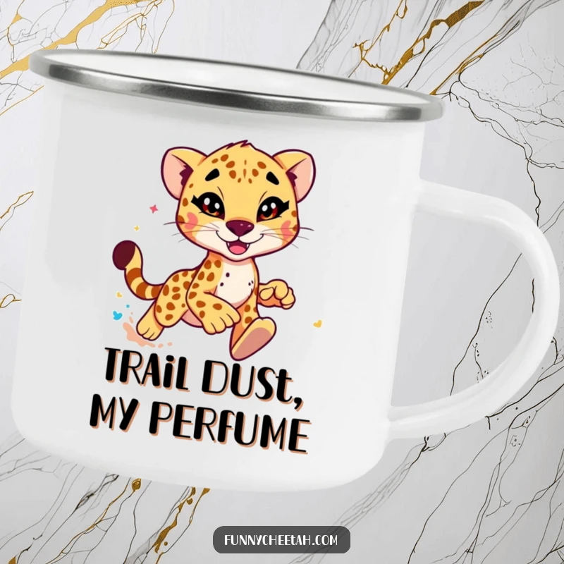 Funny Cheetah Camping Mug showcasing a speedy cheetah winking, kicking up dust, perfect for outdoor enthusiasts who love humor.
