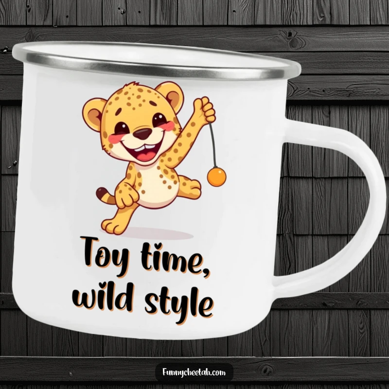 Funny Cheetah Camping Mug featuring an excited cheetah leaping towards a toy, designed for playful outdoor adventures and humor.