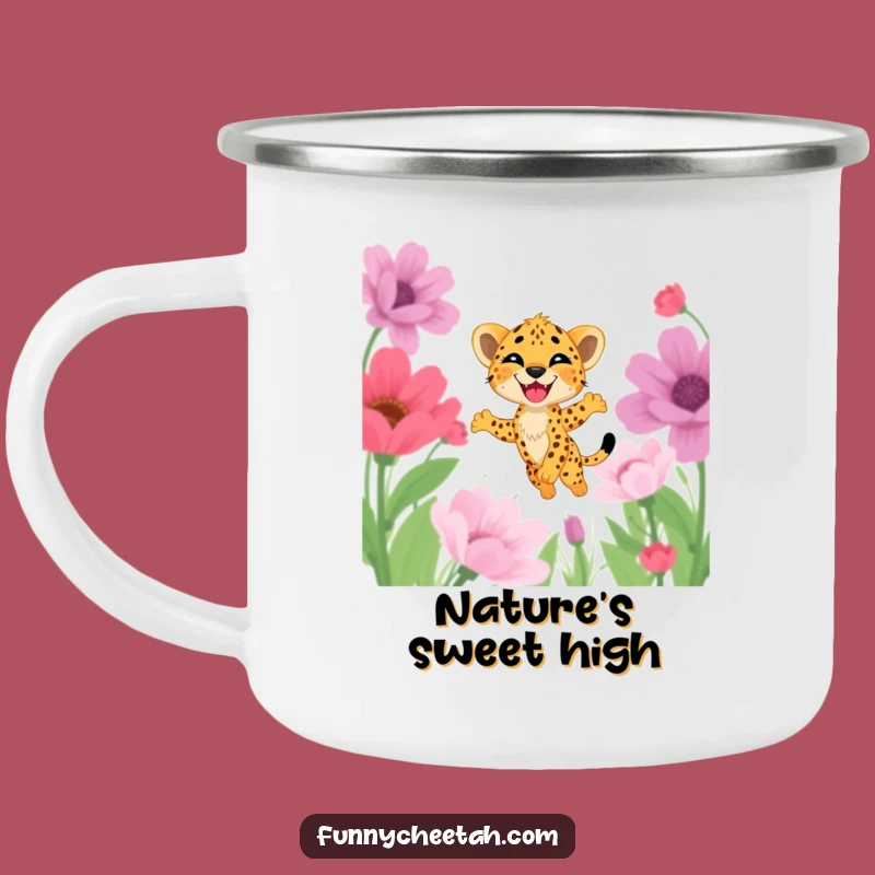 Funny Cheetah Cub Camping Mug: Flower Leap Cub, Rugged & Humorous Outdoor Adventure Gift