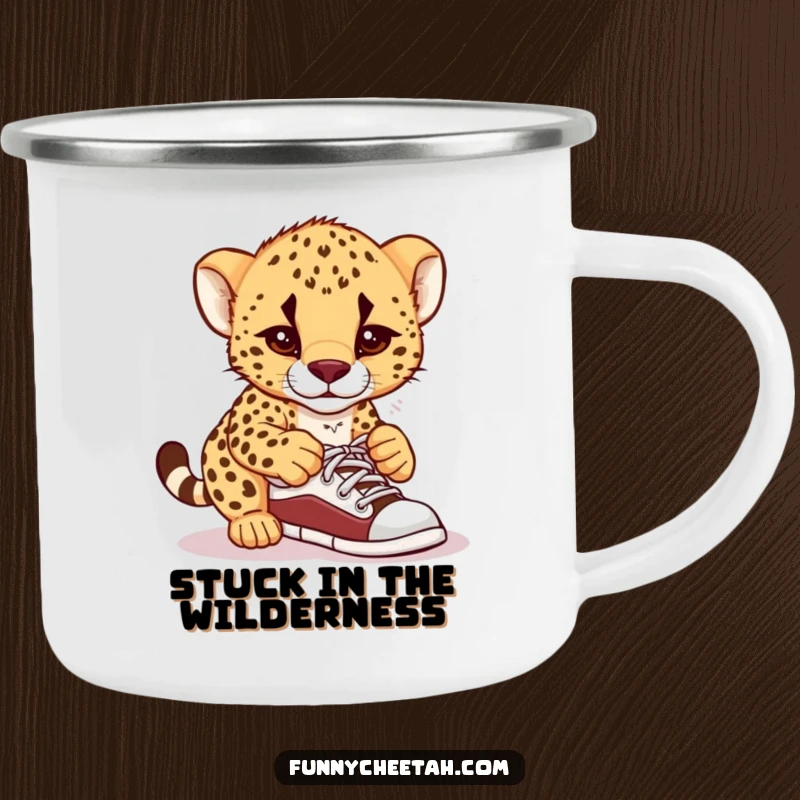 Funny camping mug showing a cheetah cub comically confused by its shoelaces, ideal for outdoor enthusiasts who enjoy a good laugh.