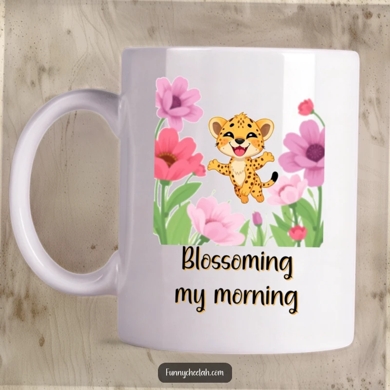 Funny mug depicting a cheetah cub with a delighted grin joyfully leaping through a field of vibrant, oversized flowers, capturing pure bliss.