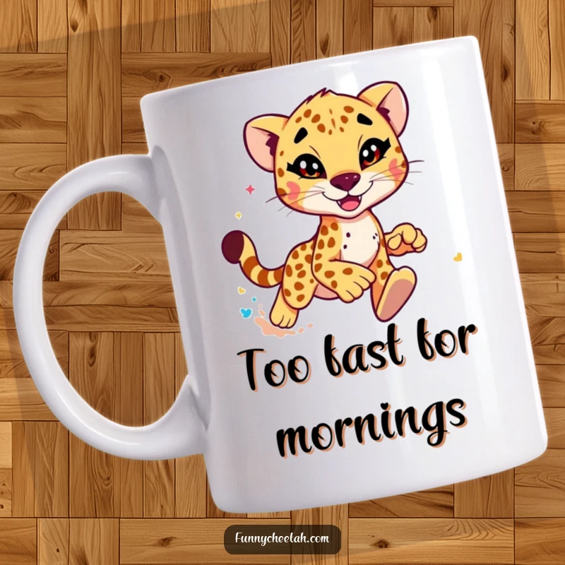 Funny Cheetah Mug featuring a speedy cheetah winking playfully and kicking up vibrant, colorful dust in a humorous illustration.