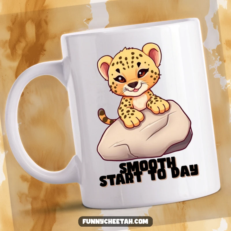 Funny mug showing a cheetah cub with a mischievous wink sliding down a smooth rock, capturing a moment of playful adventure and daring.