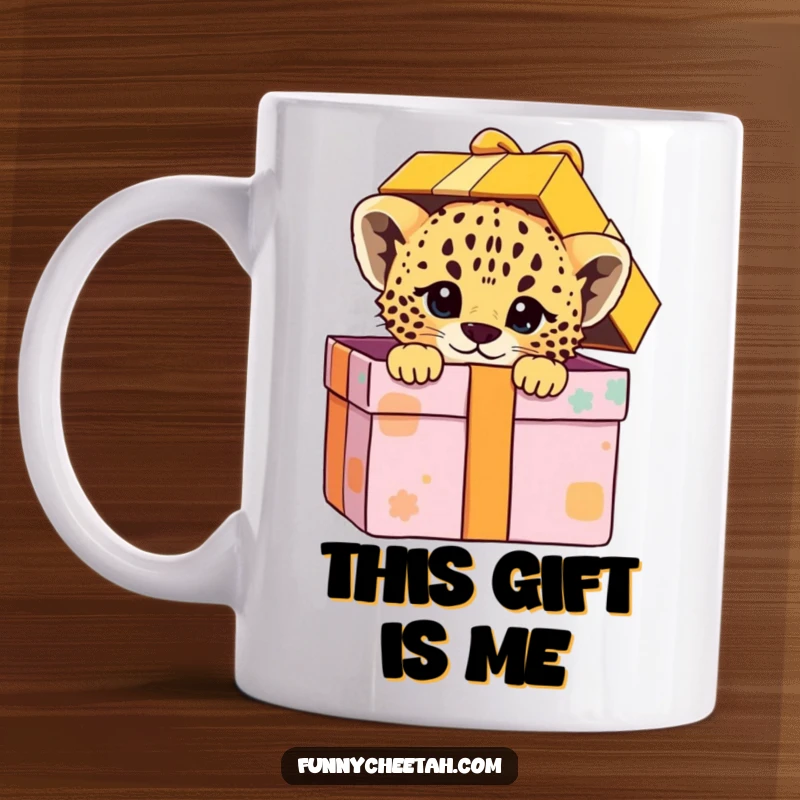 Funny mug showing a cheetah cub peeking out of a colorful gift box with a playful expression, symbolizing surprise and joyful anticipation.