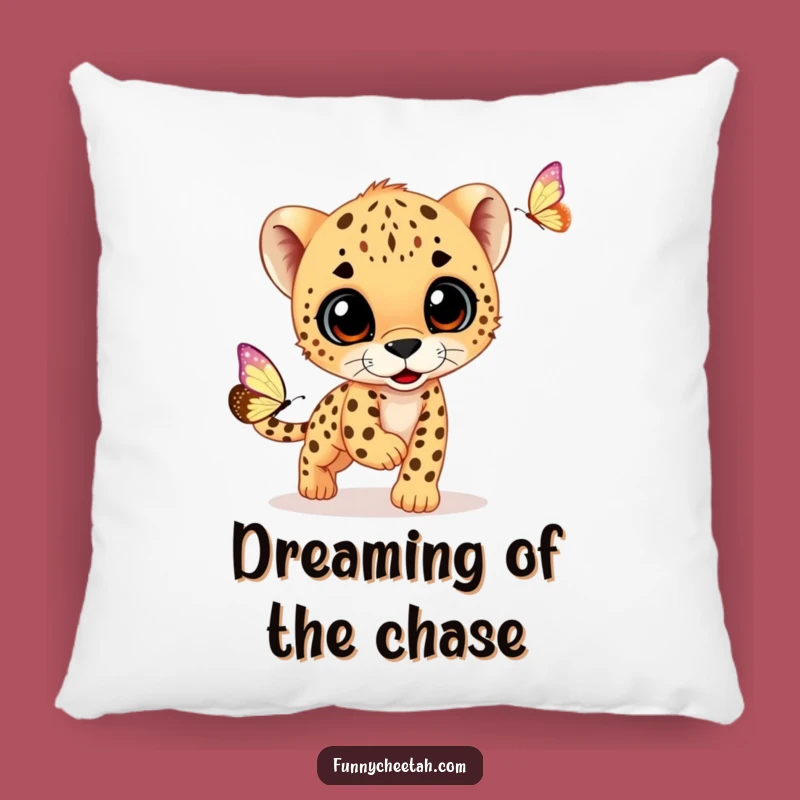 Funny Cheetah Cub Pillow: Soft Cushion with Cub Chasing Butterfly, Cozy & Humorous Accent Decor