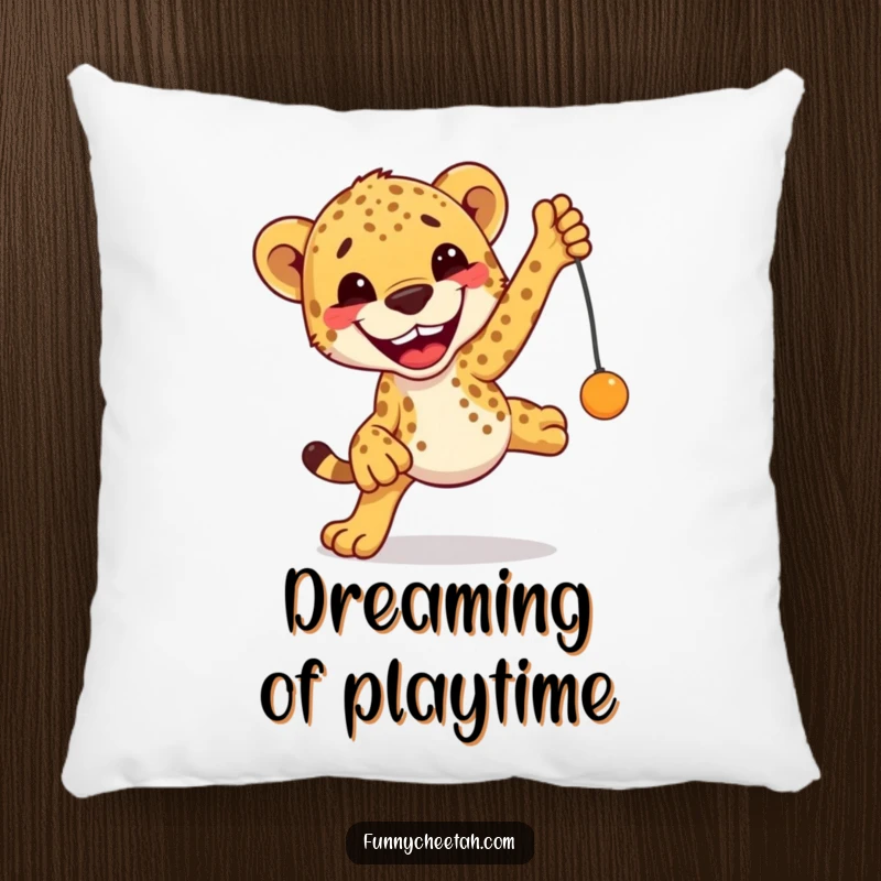 Funny Cheetah Pillow showcasing a cheetah with an excited grin leaping towards a toy, offering soft comfort and playful humor.
