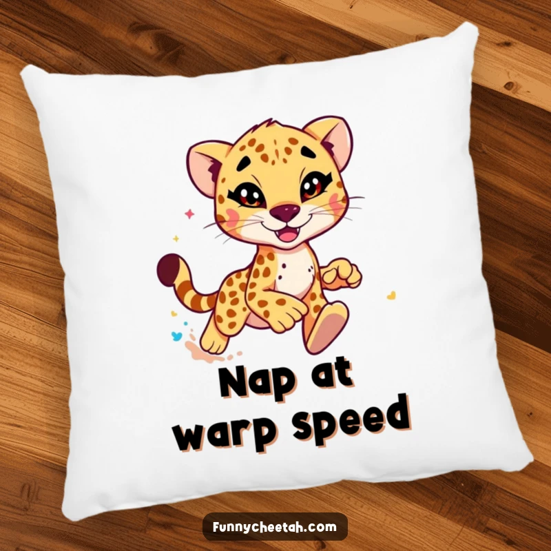 Funny Cheetah Pillow featuring a mischievous winking cheetah kicking up colorful dust, offering a soft and humorous touch to home decor.