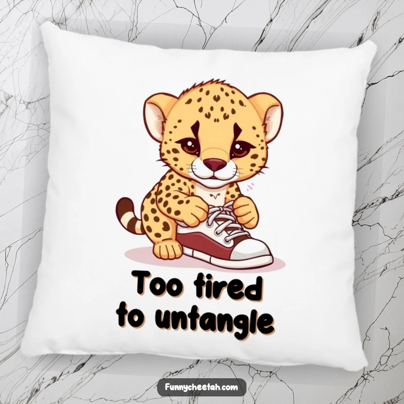Funny decorative pillow with a cheetah cub looking utterly perplexed while trying to tie its shoelaces, offering comfort and humor.