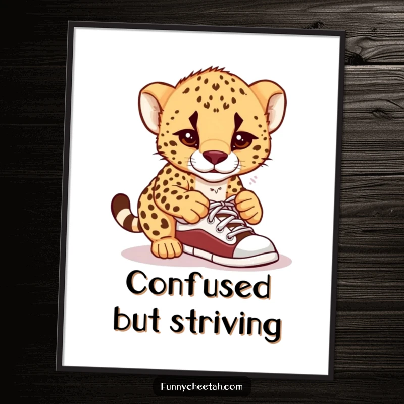 Funny printable cheetah cub art of a cub comically confused by its shoelaces, perfect for instant humorous wall decor and gifting.