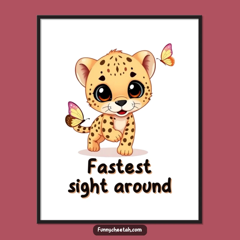 Funny Cheetah Cub Digital Art: Printable Cub Chasing Butterfly, Instant Humorous Wall Decor Gift
