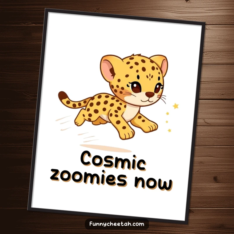 Funny Cheetah Cub Digital Art Print of a cub zooming with a sparkling star trail, capturing adorable and whimsical humor.