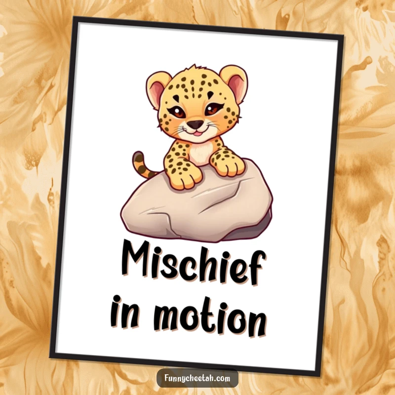 Funny printable cheetah cub art of a cub with a wink sliding down a rock, perfect for instant adventurous wall decor and gifting.