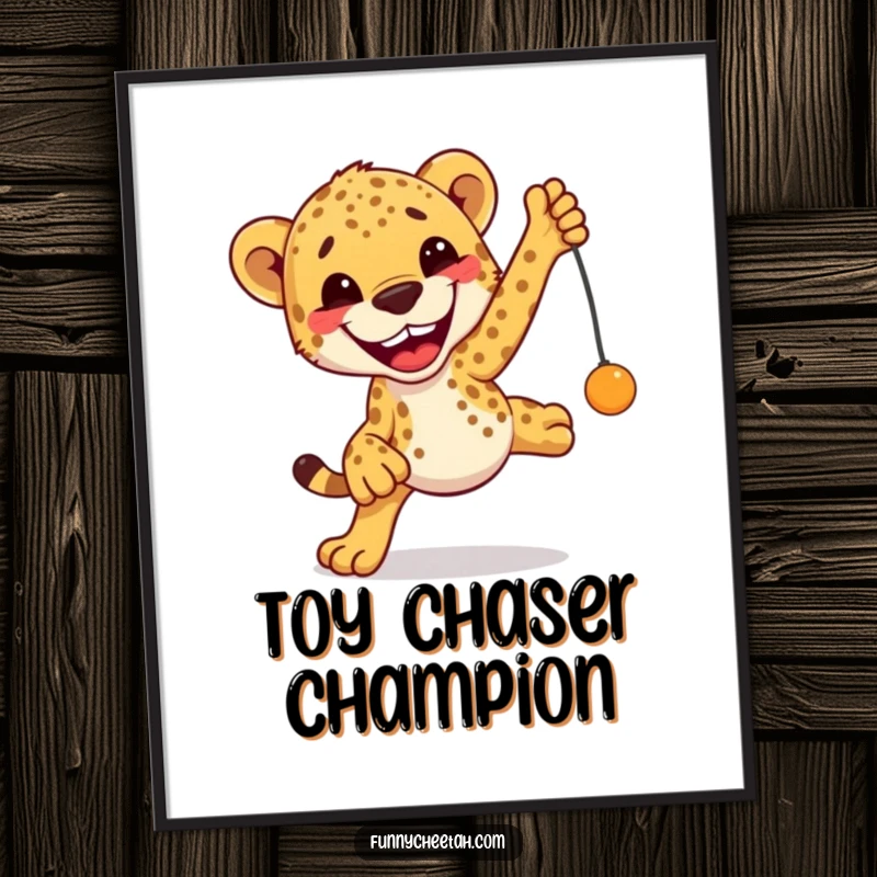 Funny Cheetah Digital Art Print of an excited cheetah with a big grin leaping towards a toy, capturing pure, unadulterated fun.