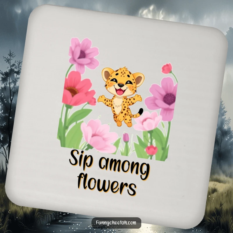 Funny drink coaster featuring a cheetah cub joyfully leaping through oversized flowers, adding a touch of whimsical charm to tabletops.