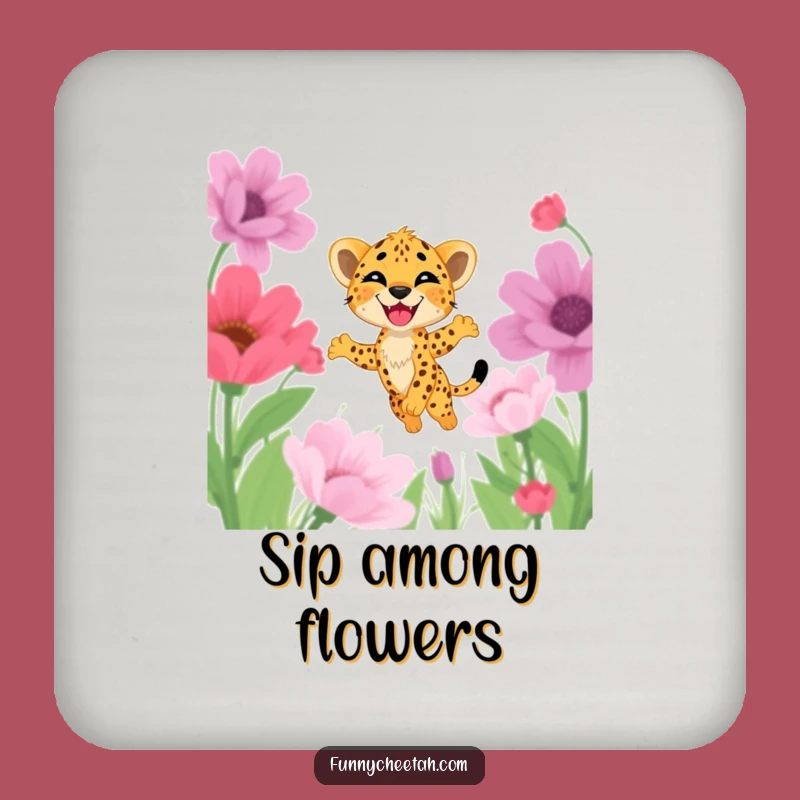 Funny Cheetah Cub Coaster: Protect Surfaces with Flower Cub, Whimsical & Humorous Gift