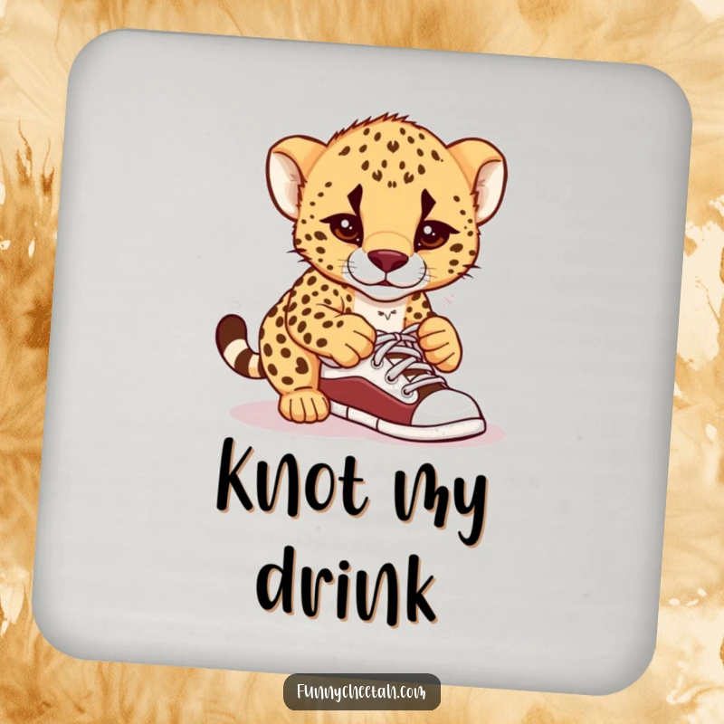 Funny drink coaster featuring a cheetah cub looking perplexed while trying to tie its shoelaces, adding a touch of humor to tabletops.