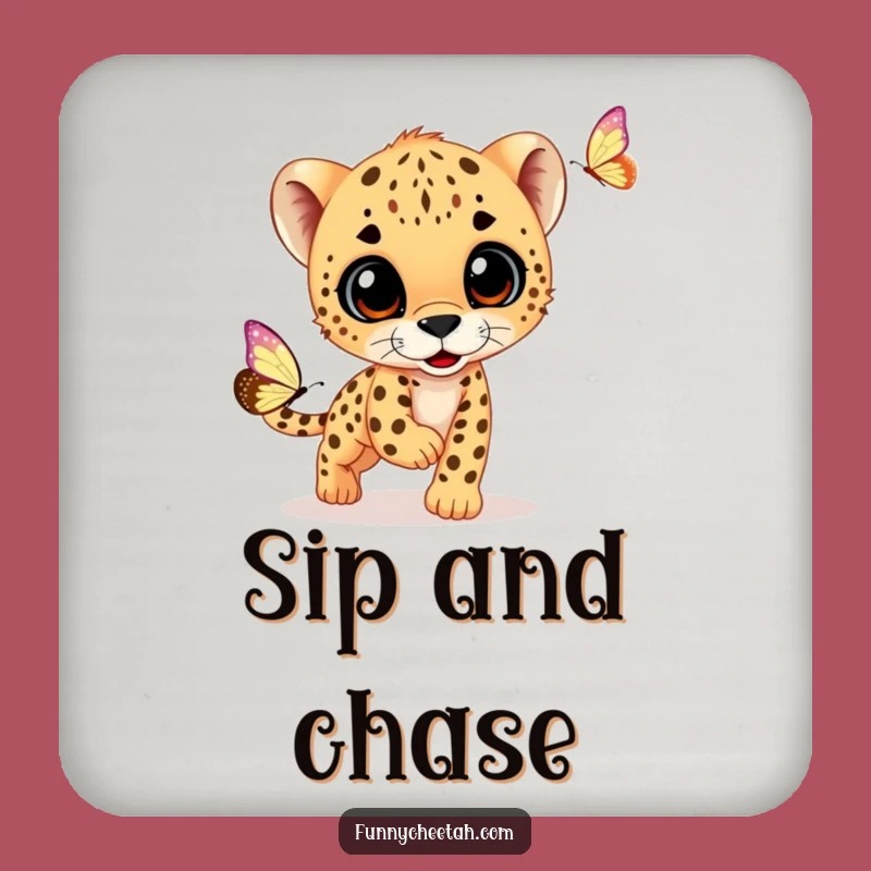 Funny Cheetah Cub Coaster: Protect Surfaces with Cub Chasing Butterfly, Whimsical & Humorous Gift