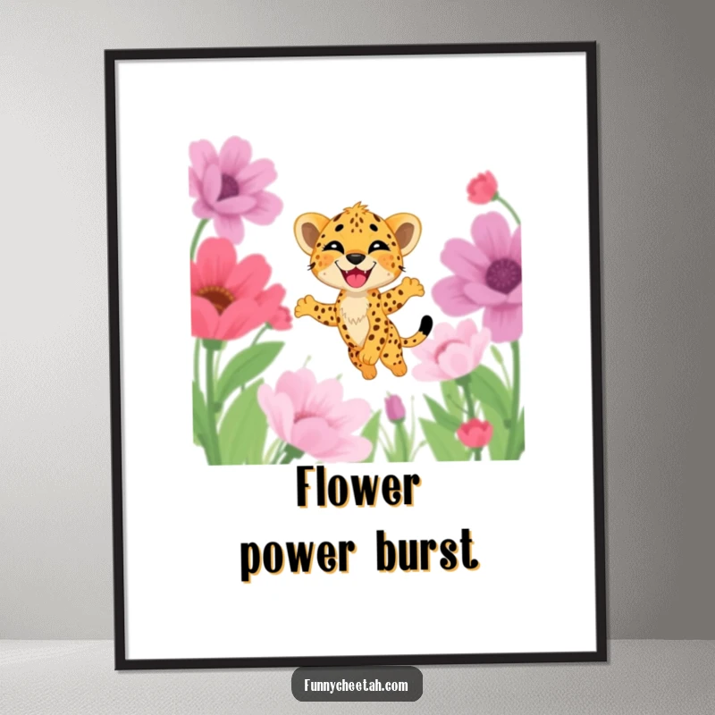 Funny poster art of a cheetah cub with a huge grin leaping through a field of oversized, colorful flowers, radiating pure delight.