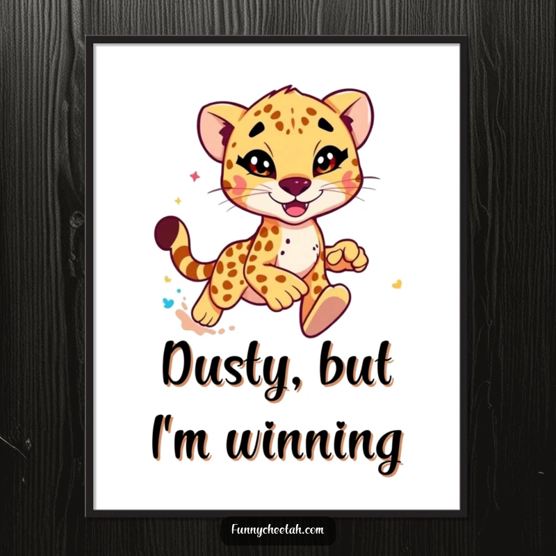 Funny Cheetah Poster showing a cheetah with a sly wink, kicking up a whirlwind of colorful dust, bringing energetic humor to wall art.