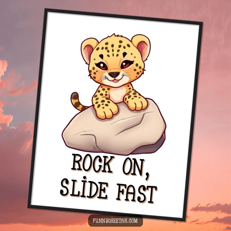 Funny poster art of a cheetah cub with a mischievous wink sliding down a large, smooth rock, capturing a moment of daring fun.