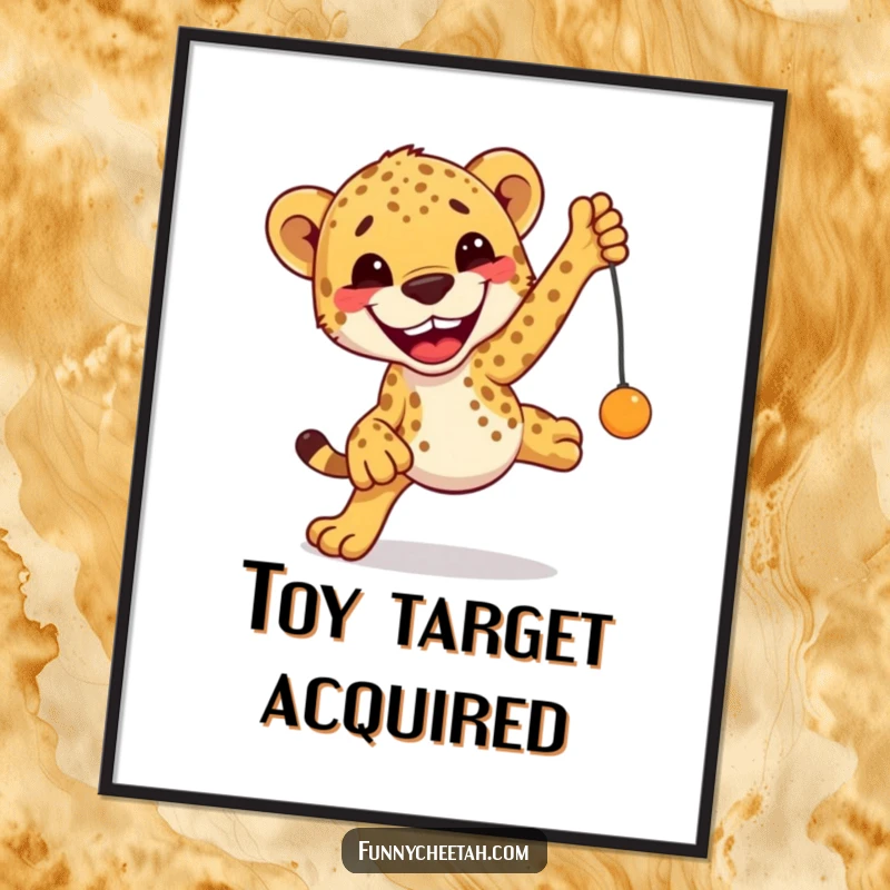 Funny Cheetah Poster capturing a cheetahs ecstatic grin as it leaps playfully towards a dangling toy, radiating pure joy.