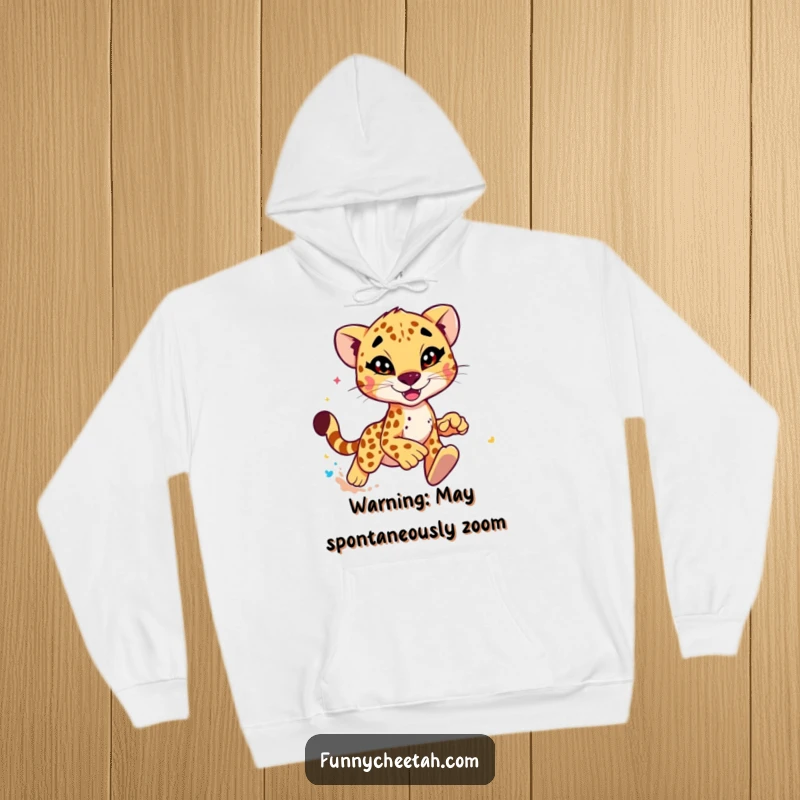 Funny Cheetah Hoodie featuring a slyly winking cheetah mid-stride, kicking up a storm of colorful dust, perfect for cozy humor.