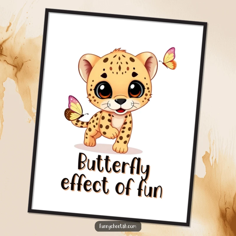 Funny Free Printable Cheetah Cub Wall Art: A cute cub with curious eyes playfully chases a shimmering butterfly.