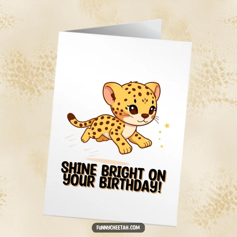 Free Printable Birthday Card: A cheetah cub zooms past, leaving a dazzling trail of sparkling stars, full of wonder.