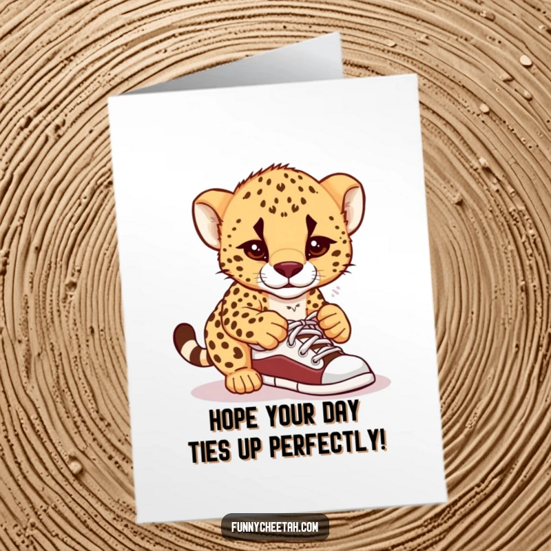 Funny Free Printable Cheetah Cub Birthday Card: Cub comically confused trying to tie its shoelaces, perfect for laughs.