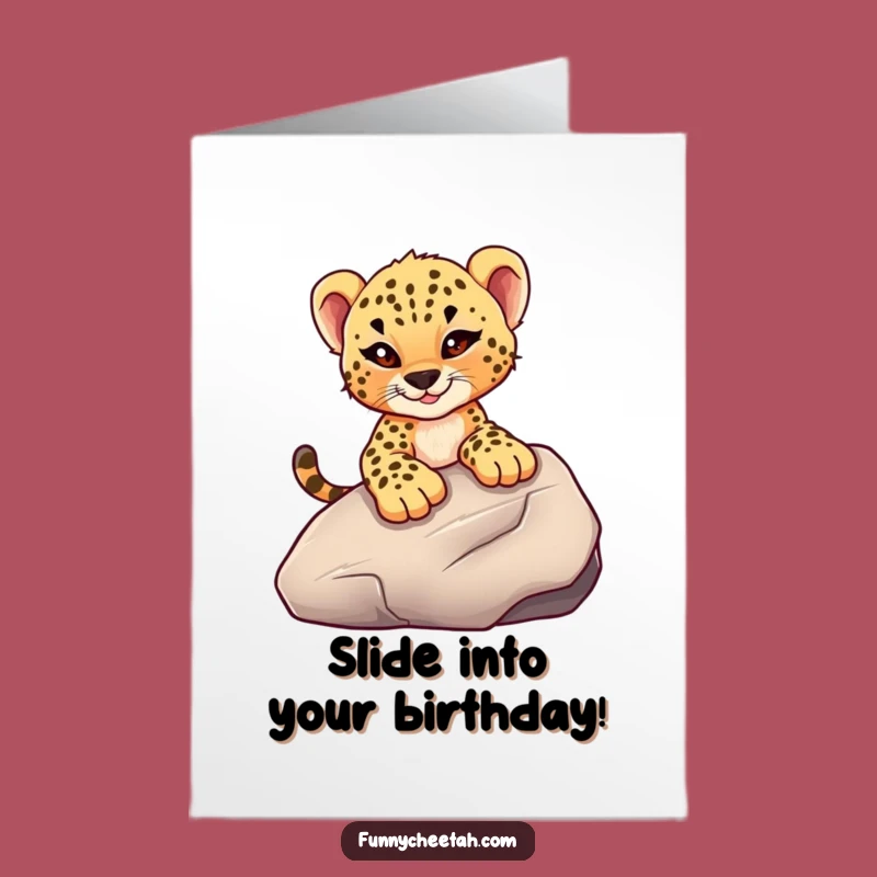 Free Printable Cheetah Cub Birthday Card: Mischievous Cub Sliding Rock Funny Downloadable Gift