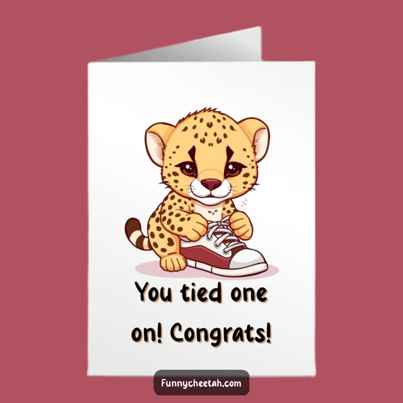 Free Printable Cheetah Cub Congrats Card: Confused Cub Shoe Tying Funny Downloadable Gift
