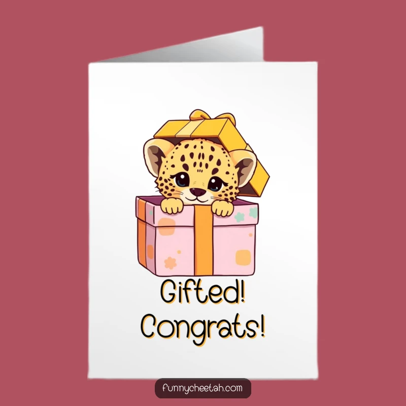 Free Printable Cheetah Cub Congrats Card: Cub in Gift Box Funny Downloadable Gift