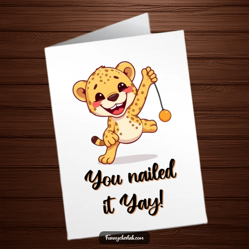 Free Printable Congratulations Card: An excited cheetah leaps with abandon towards a dangling toy, embodying pure elation.