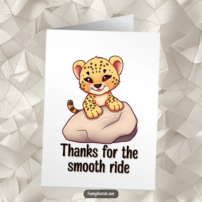 Funny Free Printable Cheetah Cub Thank You Card: Cub with a mischievous wink slides down a large rock, expressing thanks.