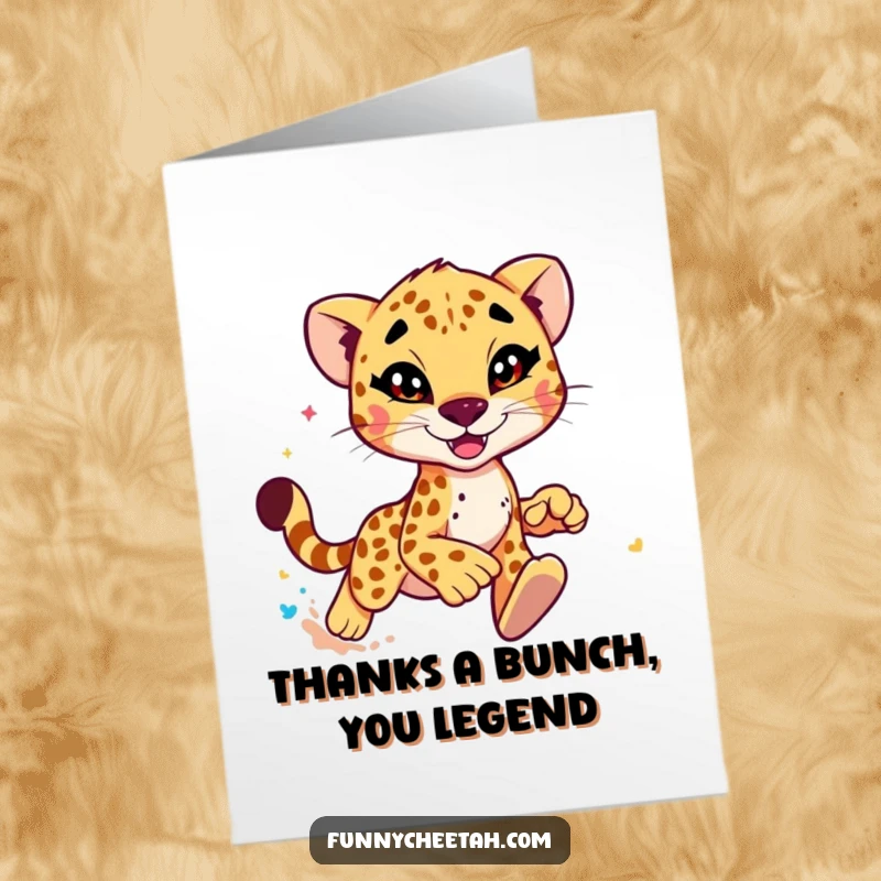 Funny Free Printable Thank You Card featuring a speedy cheetah kicking dust, conveying thanks with personality.