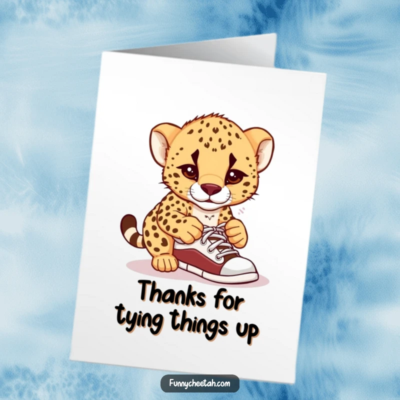 Funny Free Printable Cheetah Cub Thank You Card: Cub comically confused tying shoelaces expresses appreciation.