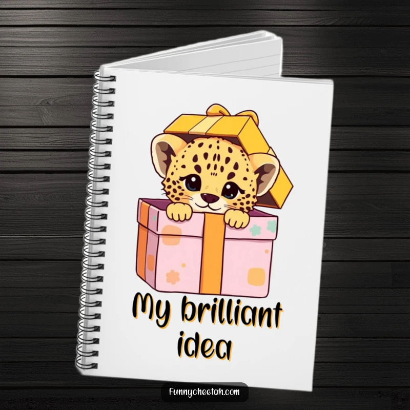 Funny notebook featuring a cheetah cub playfully peeking from a colorful gift box, perfect for capturing joyful thoughts and surprise ideas.