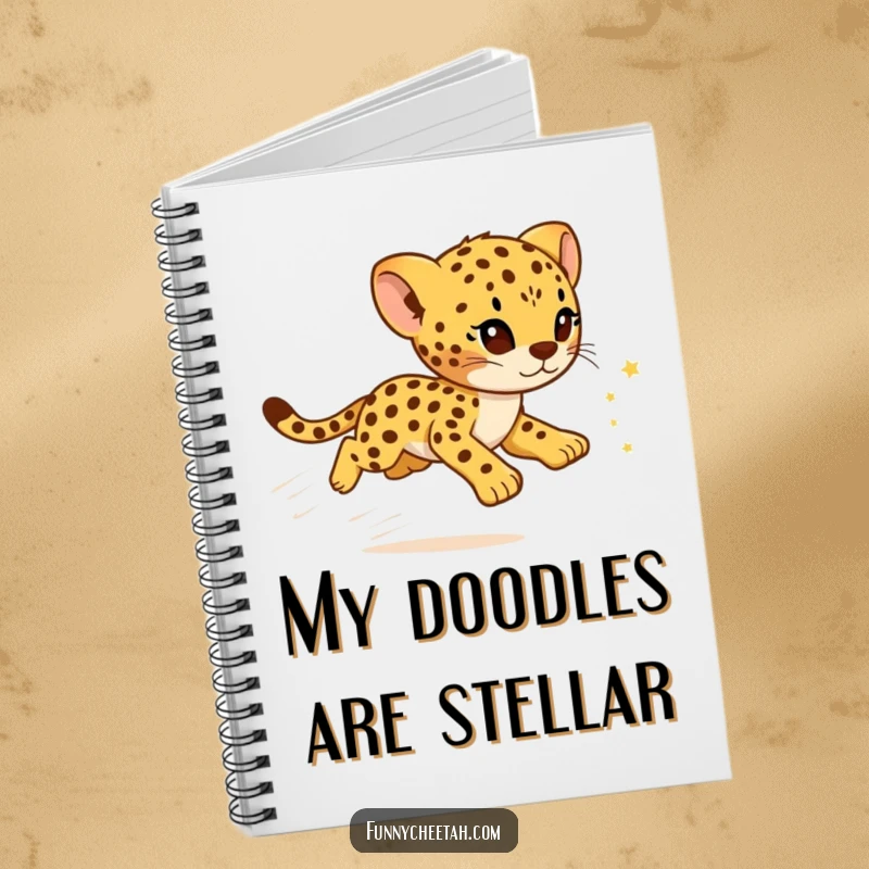Funny Cheetah Cub Notebook depicting a cub with a dazzling trail of sparkling stars, ideal for capturing magical ideas and notes.