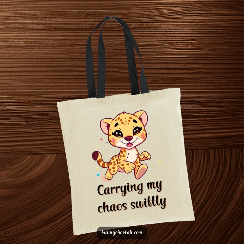 Funny Cheetah Tote Bag depicting a cheetah winking mischievously while kicking up colorful dust, a humorous and functional accessory.